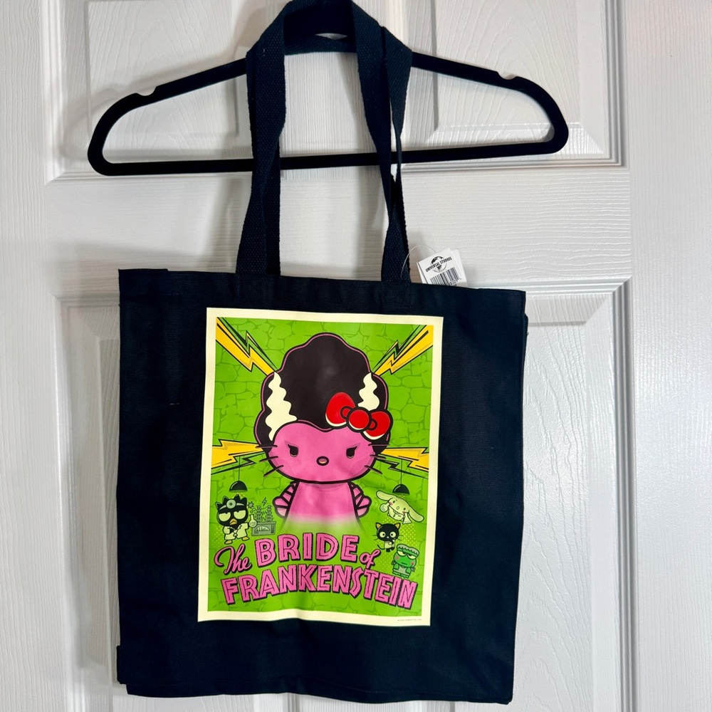 NWT. Hello Kitty Sanrio Universal Bride of Frankenstein black Tote Bag